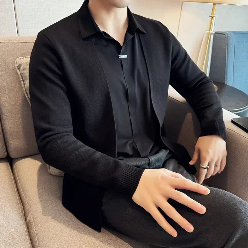 Autumn New Fake 2 Pieces Knitted Cardigan, Shirt Collar Spliced Casual Pullovers,  Slim Sweater Coats 4XL-M