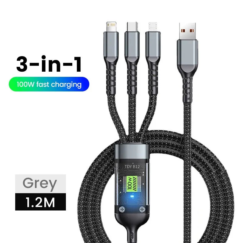 3-in-1 100W 5A Fast Charging USB To Type-C Micro Fast Charger Cable For iPhone 14 13 Samsung Xiaomi Huawei iPhone 14 13 - Hiron Store