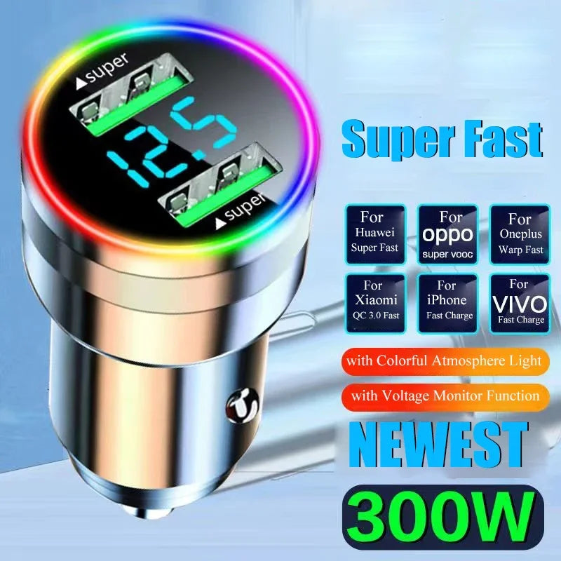 300W Dual Port USB Car Charger with LED Light Voltage Monitor Super Fast Charging