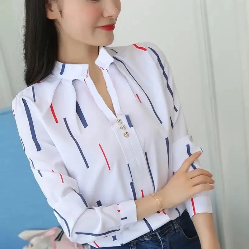 Women White Tops Blouses Fashion Stripe Print Casual Long Sleeve Office Lady OL Shirts Slim Blusas DF4970 - Hiron Store