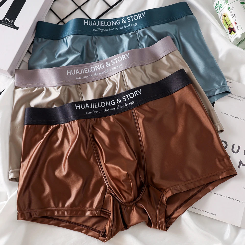 3PCS/Pack Luxury Ice Silk  Boxers  Smooth Cool Solid Men's Underpants Breathable Mesh  Underwear