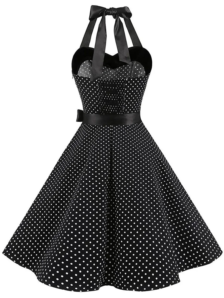 Women Polka Dot Print Summer Dress Sexy Retro White Halter Vintage Dress