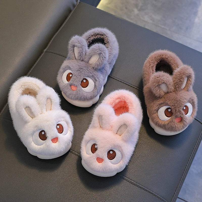 New Winter Cute Big eyed Rabbit Children's Cover Heel Warm Non-slip Fluffy Slippers