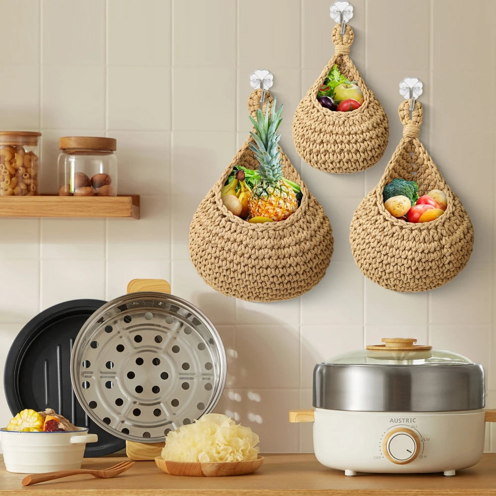 Handwoven Hanging Wall Vegetable Fruit Basket Organizer Container Decor for Kitchen Garden Mount Wall Plant Flower Onion Storage - Hiron Store