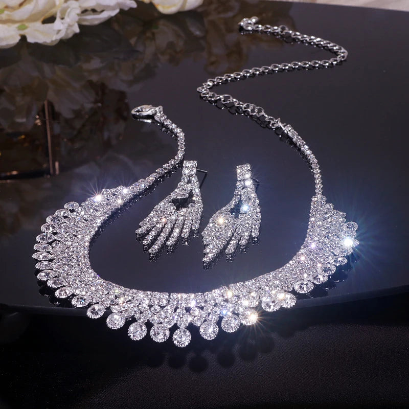 Crystal Necklace Earrings Elegant Romantic Wedding Jewellery Sets