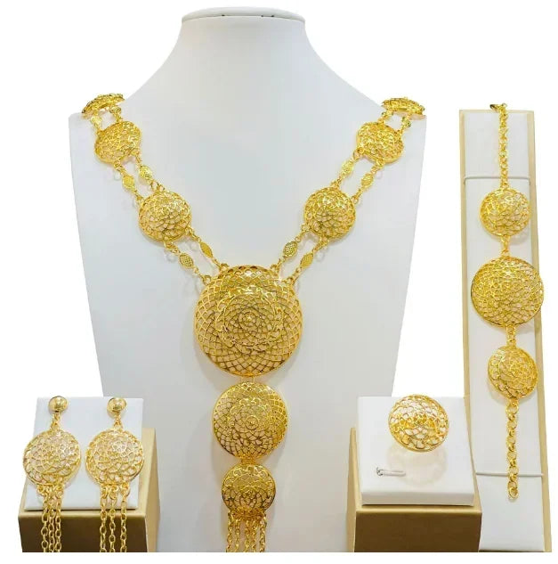 Fashion India Latest Design Jewelry Luxury African Jewelry Necklace Earrings Ring Bracelet Set Dubai Gold Color