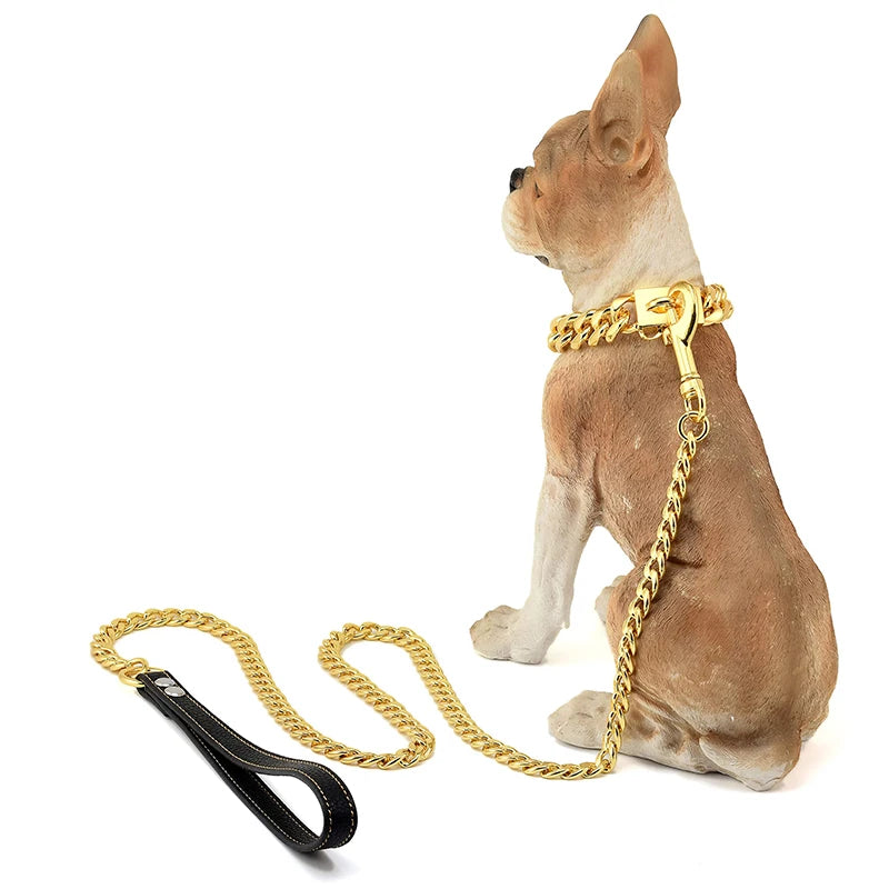 18K Gold Dog Collar Stainless Steel Cuban Link Chain 14mm Wide Metal Pet Necklace for Small Medium Large Dog