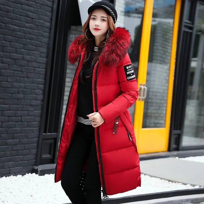 Women's Winter Jacket Big Fur Collar Thick Slim Coat Hooded Cotton Outerwear