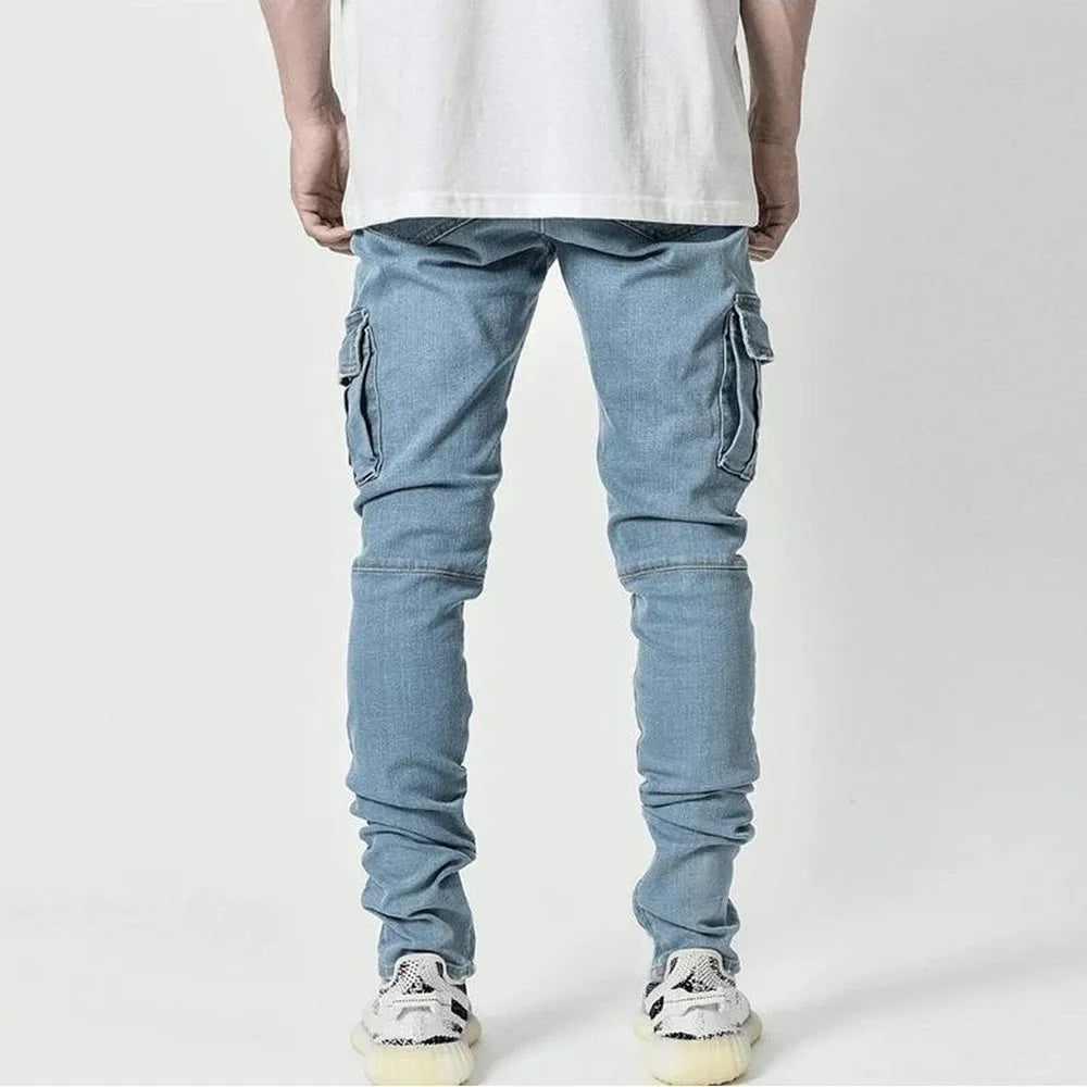 Street Elastic Jeans Men Denim Cargo Pants Multi Pockets Trousers