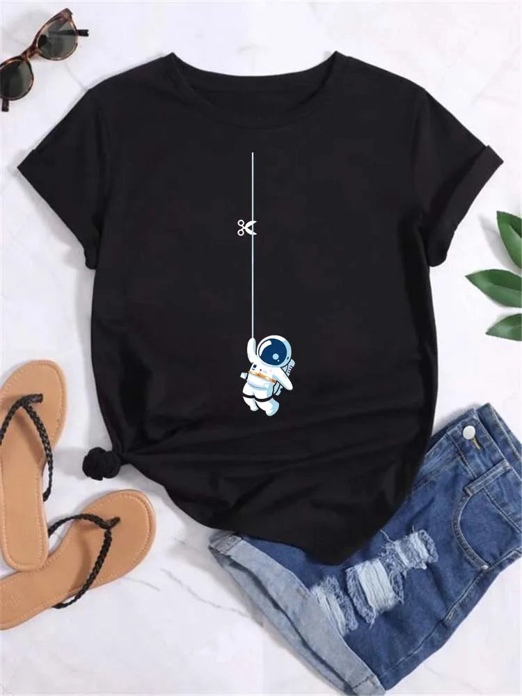 Women Moon Planet Print Round Neck Short Sleeve Streetwear Female T-Shirt  Tops