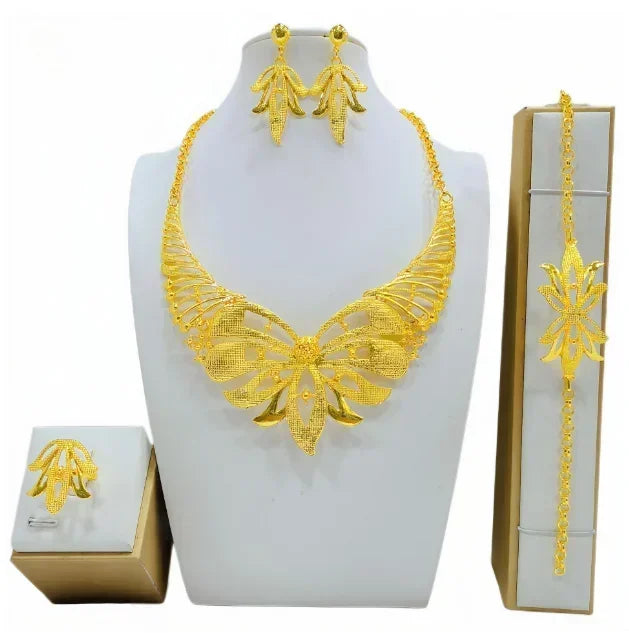 Dubai Jewelry Set For Women Necklace Earrings Indian Thailand Two Piece Set Gold Color