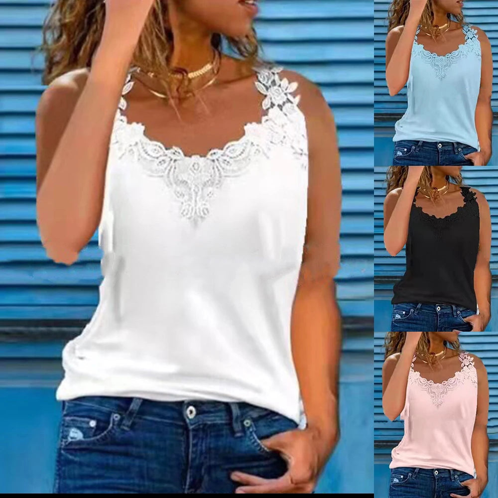 Women's Lace V Neck Tank Tops Ladies Summer Sleeveless Casual Loose Vest T-Shirt Clothing For Female