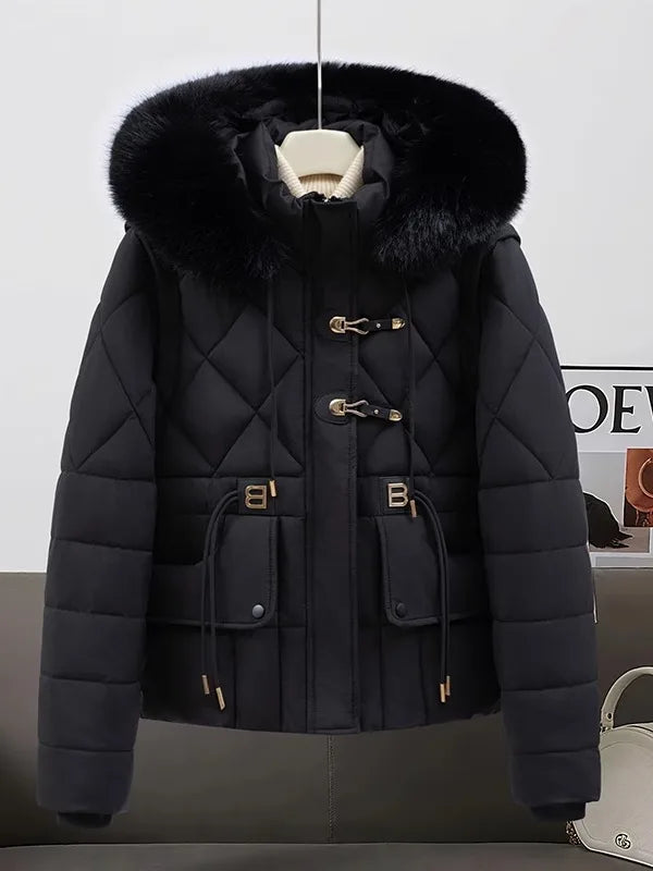2026 New Women's down Cotton Jacket Short Thickened Large Fur Collar Loose Winter Coat