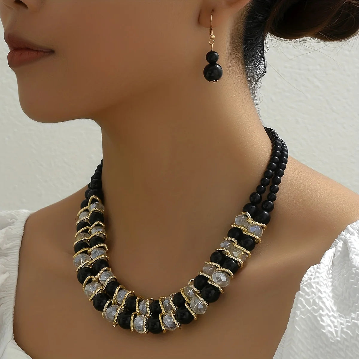 Earrings + Necklace Boho Style Jewelry Set Made Of Black And White Artificial