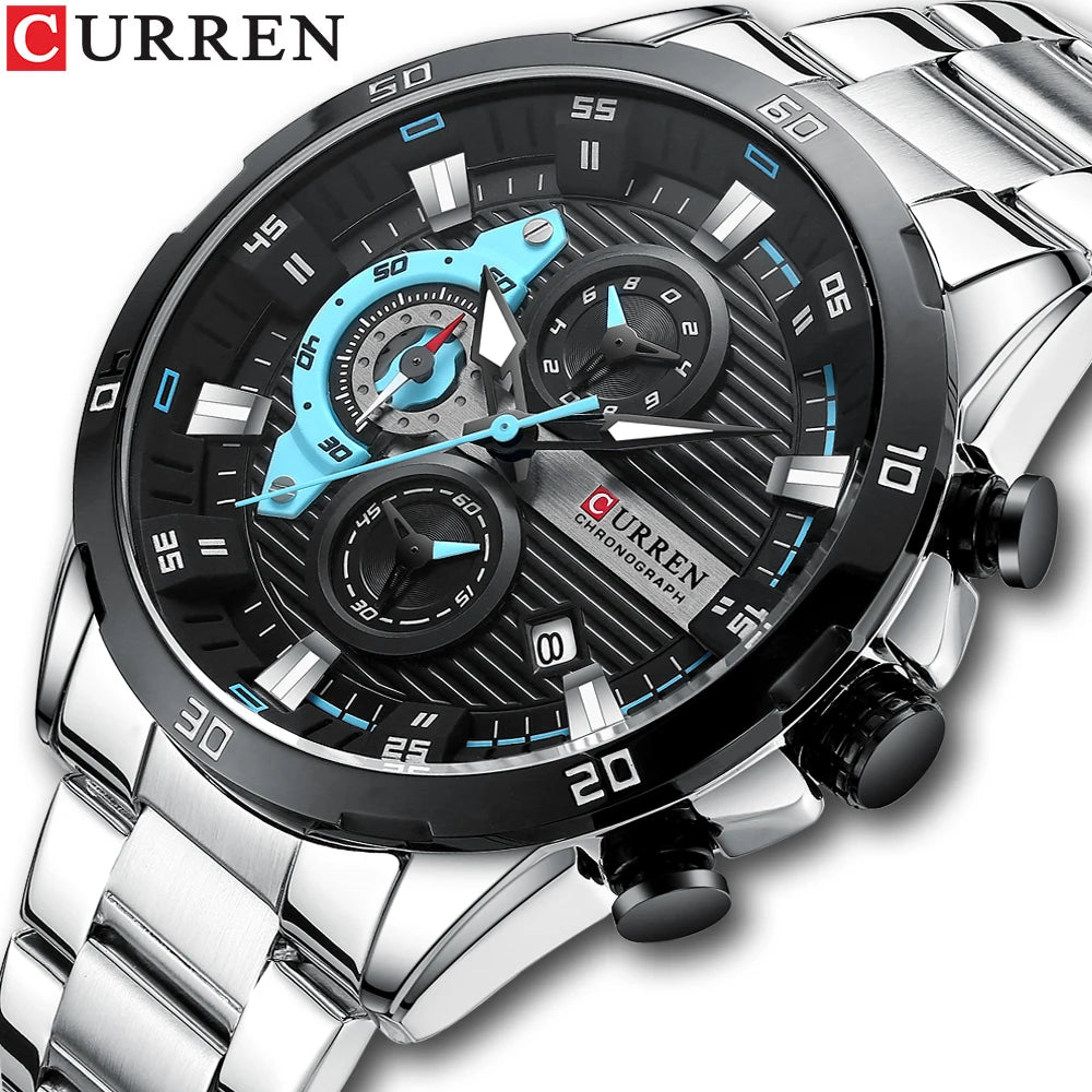 Waterproof Sport Quartz Chronograph Wristwatch Luxury Stainless Steel Clock