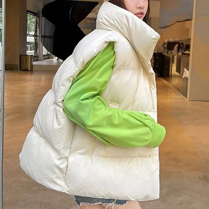 Women Thick Warm Down Vest Harajuku Loose Jacket Casual Outerwear Short Waistcoat Windproof Vest Coats