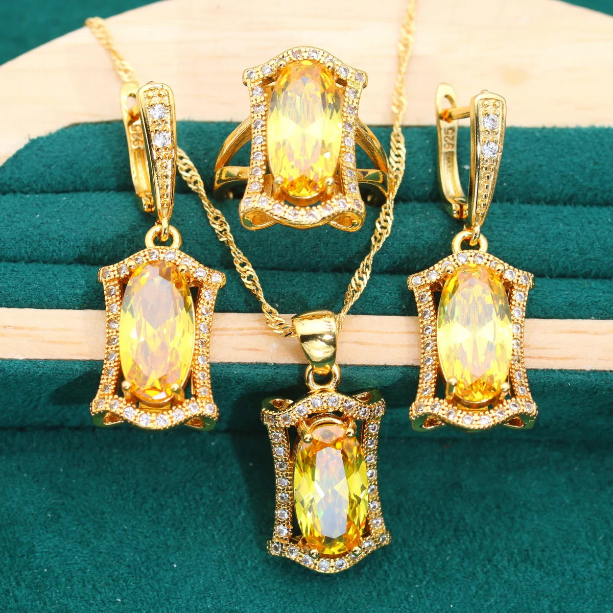 Shine Gold Color Jewelry Sets For Women Wedding Noble Yellow Zircon Bracelet Earrings Necklace Pendant Ring Dating Gifts - Hiron Store