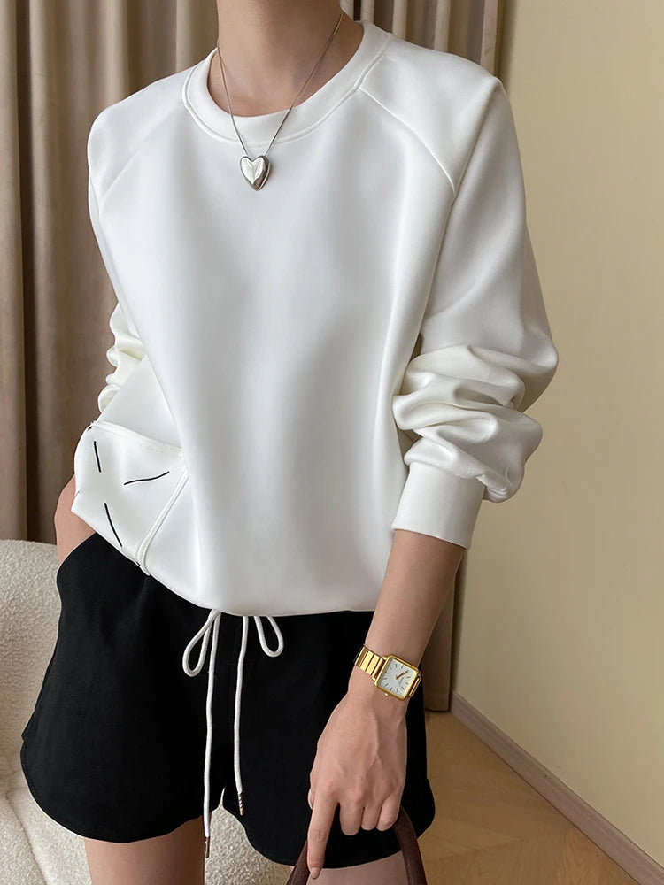 Embroidered Design Pullover Sweatshirt Women Solid Round Long Sleeve Casual Loose Tops