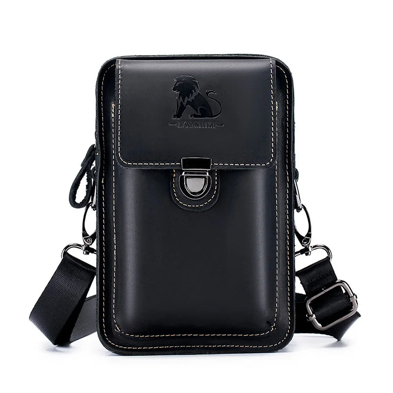 Crazy Horse Skin Men's Wearing Belt Phone Waist Bag Top Layer Cowhide Multi functional Single Shoulder Crossbody Phone Bag