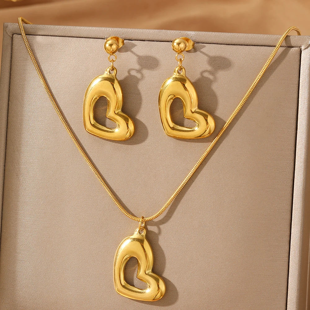 Stainless Steel Jewelry Set Heart Necklaces Earrings Trendy Fine Jewelry Set