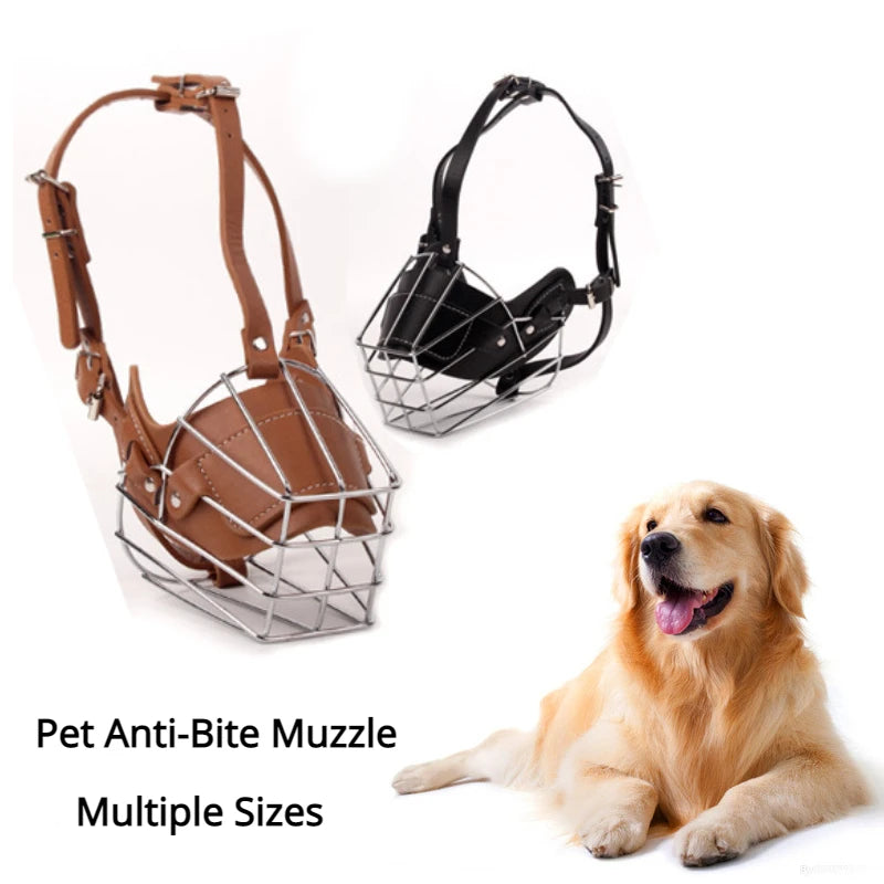 Soft Leather Dog Muzzle Training Collar Adjustable Breathable Straps Mask