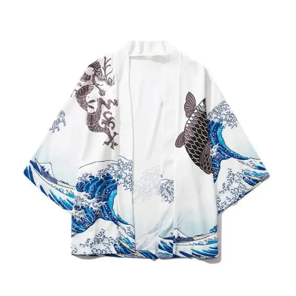 Men's Summer Green Wave Carp Pattern Kimono Cardigan Women's Japanese Traditional Clothing Plus Size Printed Beach Coat - Hiron Store