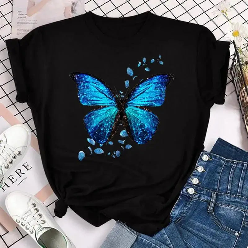 Fashion Women Men T Shirt Colorful Butterfly Petal Graphic Print T Shirt Casual Crew Neck Short Sleeve Plus Size T Shirt Unisex - Hiron Store