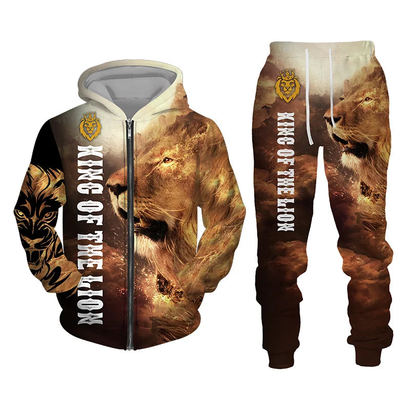 Autumn and Winter Men's Tracksuit 3D The Lion Print Zipper Hoodies Sweatshirts Pants Sets Casual Mens Clothing Women's Tracksuit - Hiron Store