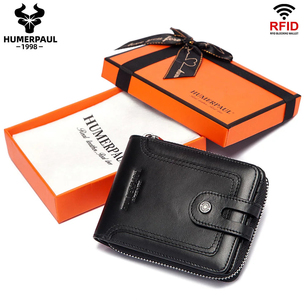 Cowhide Genuine Leather Men Wallet RFID Blocking Multi-Card Holder ID Money Bags