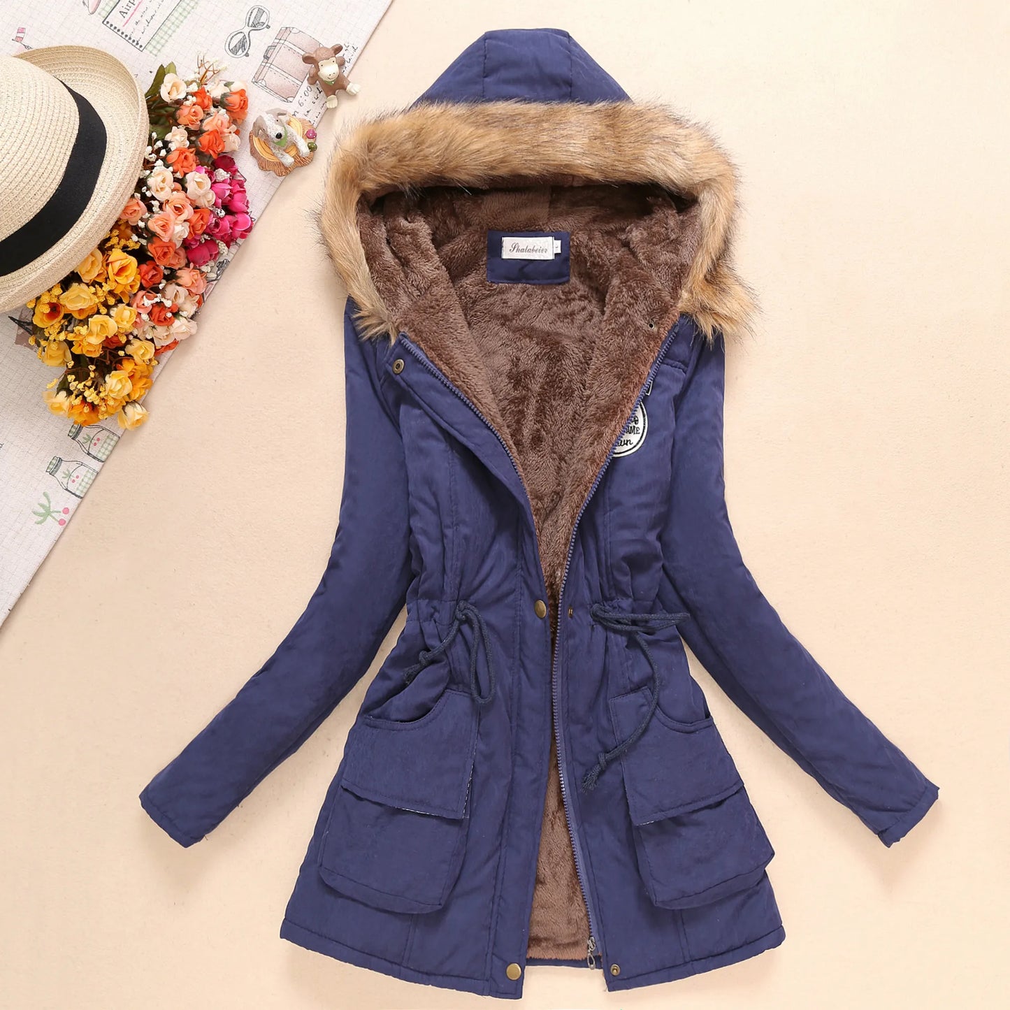 Winter Women Cotton Jacket Padded Casual Slim Coat Embroidery Hooded Warm Overcoat