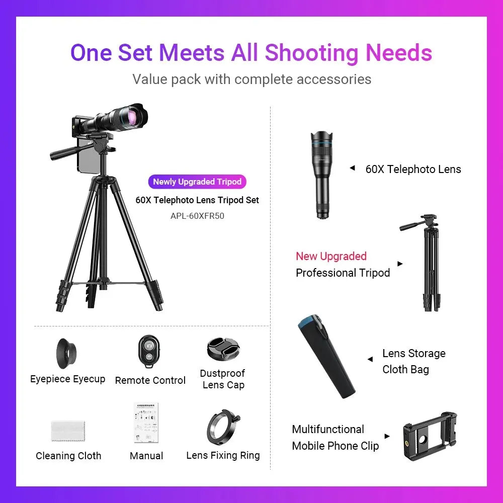 60X Mobile Phone Telescope Lens Astronomical Telephoto Zoom Lens With Extendable Tripod for iPhone Samsung All Smartphone - Hiron Store