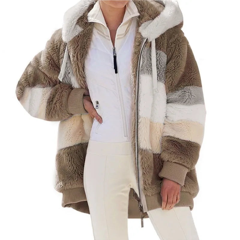 Jacket for Women Autumn Winter Warm Plush Pocket Hooded Streetwear Coat