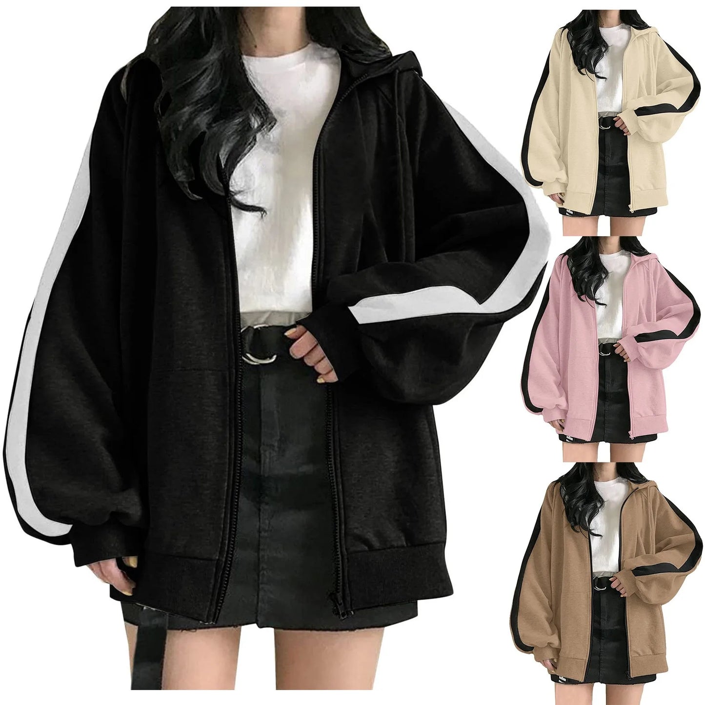 Women Solid Loose Jacket Coats Vintage Long Sleeve Oversized Hooded Sweatshirts