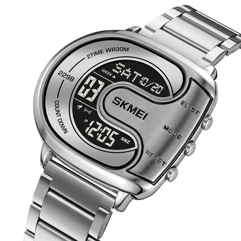 Skmei Mens Digital Waterproof Watches Stainless Steel Band Alarm Clock Stopwatch Sports Dual Time