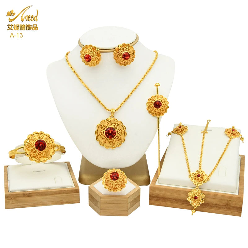 ANIID Ethiopian Gold Plated 6PCS Jewelry Set For Women Indian Red Crystal Luxury Jewellery Sets