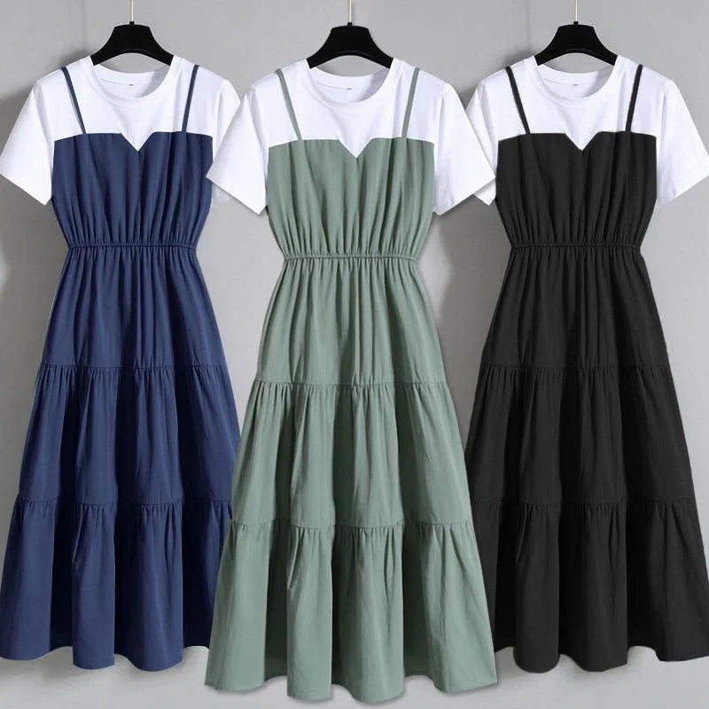 Women Clothing Strap Long Dress Summer Fat Girl New Chinese Style Slim Short Sleeve Dress