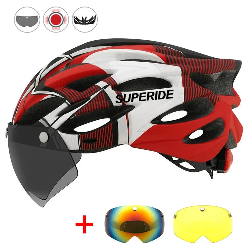 SUPERIDE Men Women Cycling Helmet with Rearlight Sports MTB Bicycle Helmet Road Bike Mountain Bike Helmet with Goggles & Visor - Hiron Store