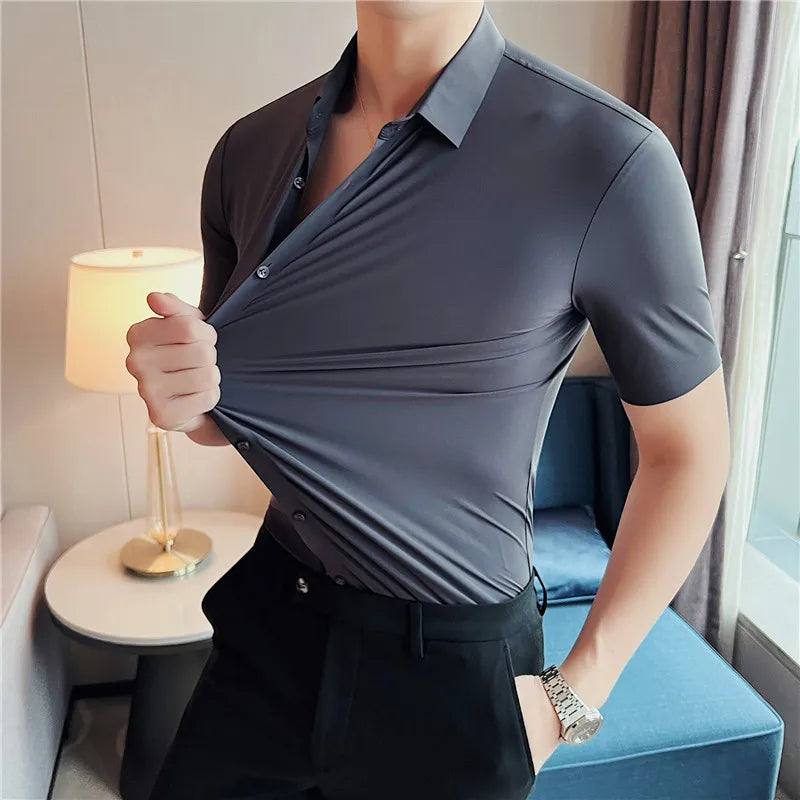 Men's Ultra Stretch  Long Sleeve Shirt, Top Quality Business Casual, Breathable   Solid Color Formal Dress Shirt