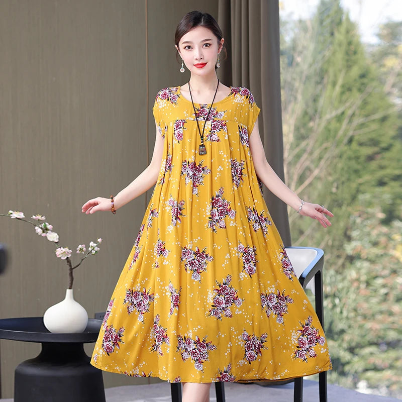 Summer Dress For Women Print Loose O-Neck Cotton Women's Clothing Dresses