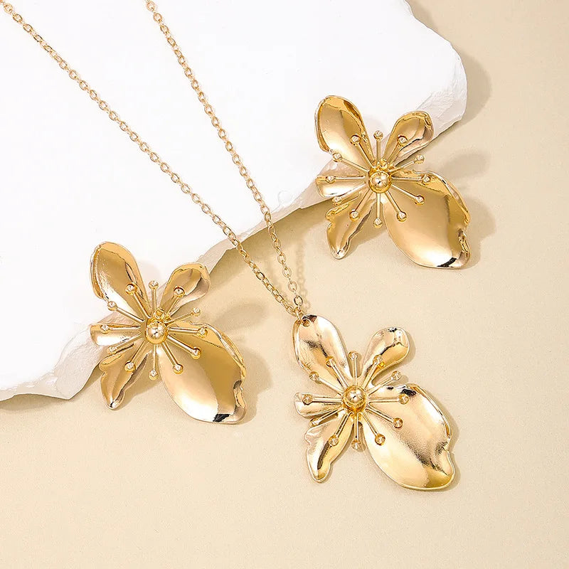 Korean Necklace Earring Jewelry Set Designer Enamel Flower Necklace