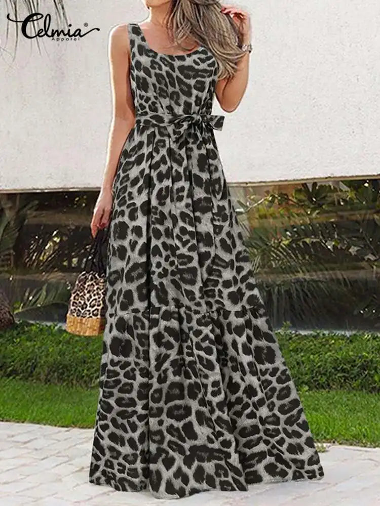 Sleeveless Leopard Print Maxi Dress 2024 Summer Beach Sundress