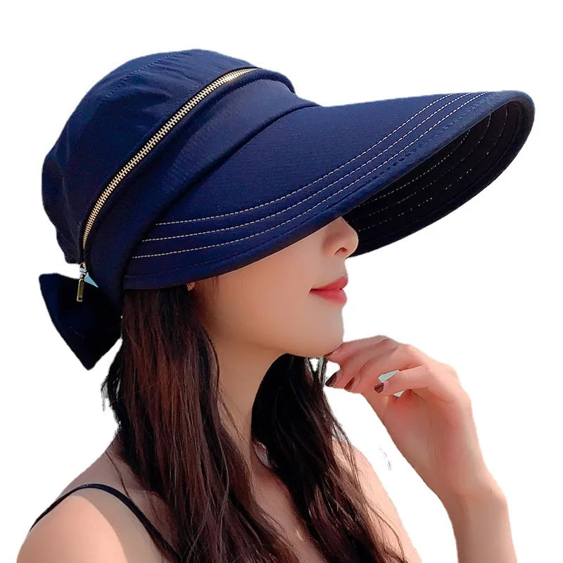 Women's Summer Sun Hat Removable Zipper Cap Top Anti-UV Foldable Big Brim Visor Cap for Cycling