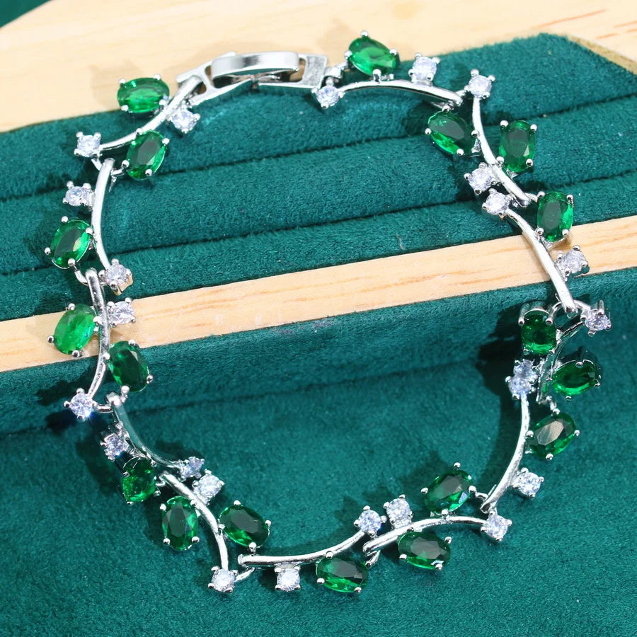 Wedding Silver 925 Jewelry Sets Women Dubai Green Zircon Bride EarringsRing Bracelet Necklace