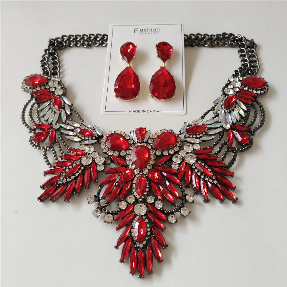 Colorful Acrylic Leaf Indian Statement Crystal Rhinestone Large Collar Choker Necklace Earrings Jewelry Sets 2024