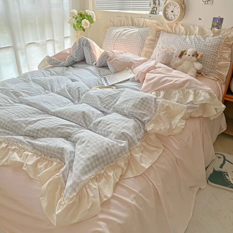 Bedding Set Soft Skin-friendly Lattice Lace Ruffles Quilt Duvet Covers Set Pillowcases