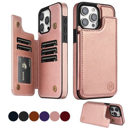 Wallet Solid Colour Magnetic Double Buckle RFID Blocking Card Leather Case For iPhone