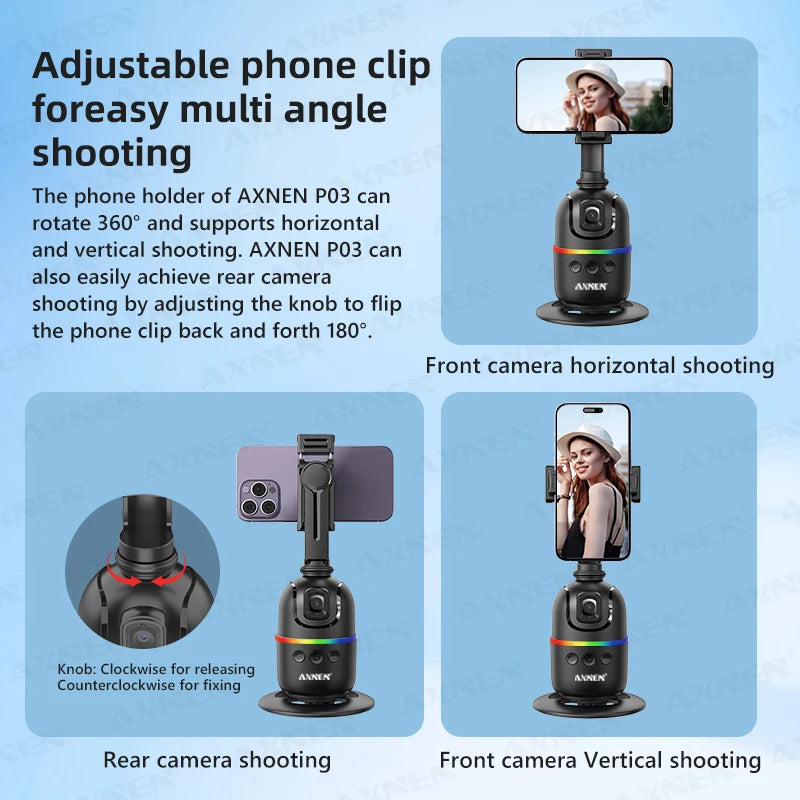 Smart Auto Face Tracking Desktop AI Gimbal for Smartphone & Action Camera 360 Rotation Follow Focus Vlog Kit, Option with Tripod