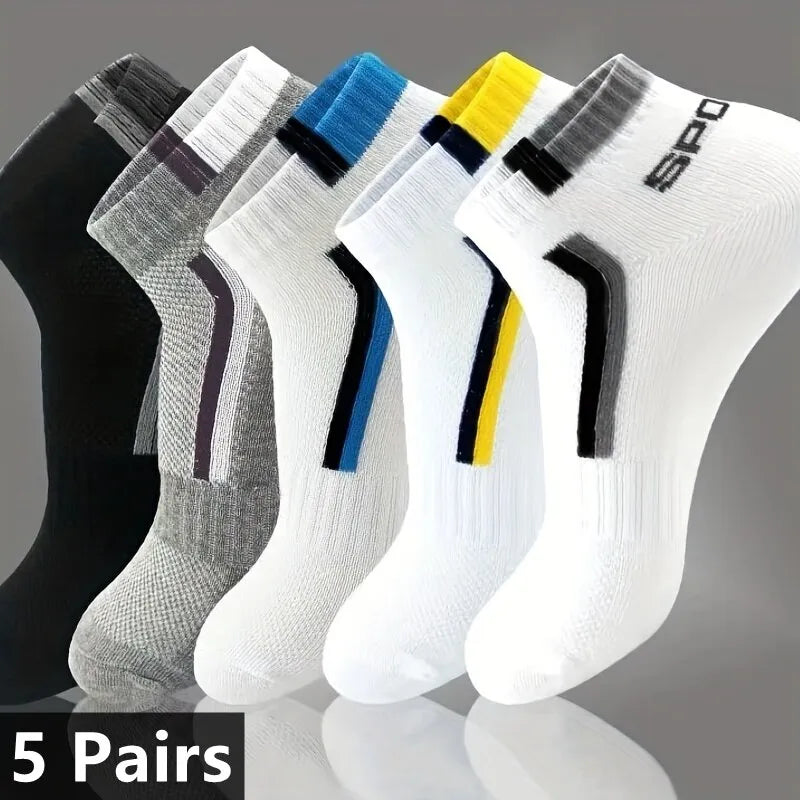 5pairs Men's Fashion Sports Socks, Striped Cotton Sweat Absorption Breathable Comfortable Ankle Socks - Hiron Store