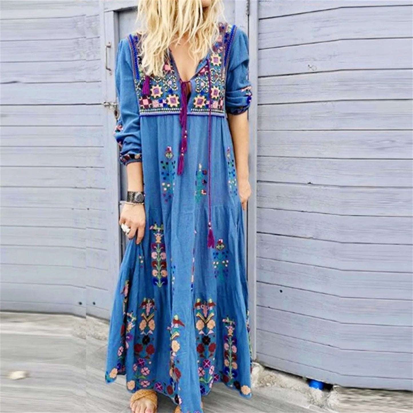 Bohemian Flower Dress For Women Elegant Long Floral Party Dresses Female V Neck Short Sleeve Summer Boho Maxi Dress 2024 - Hiron Store