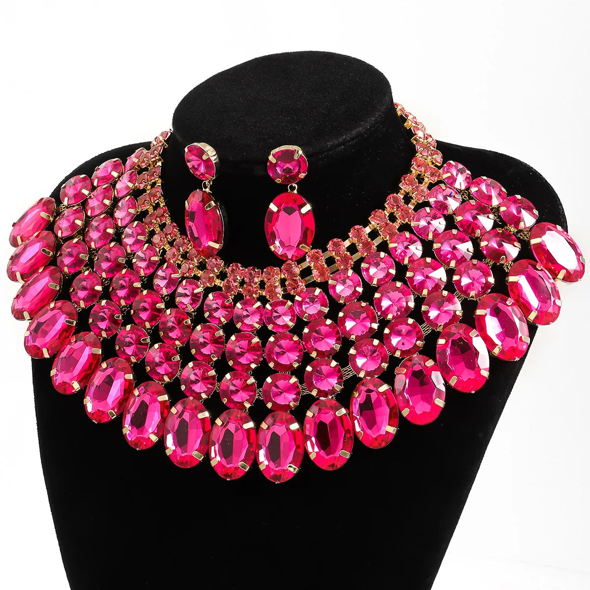 luxury shiny multi-layer rhinestone earrings necklace set banquet evening